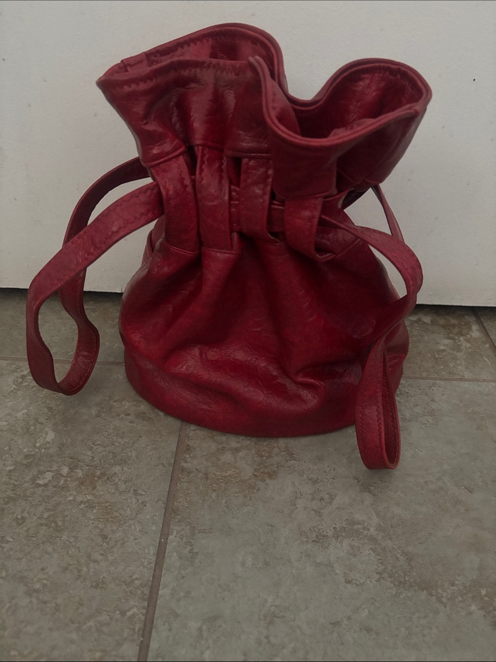 Compact Red Drawstring Mini Bucket Bag - Picture 2 of 5